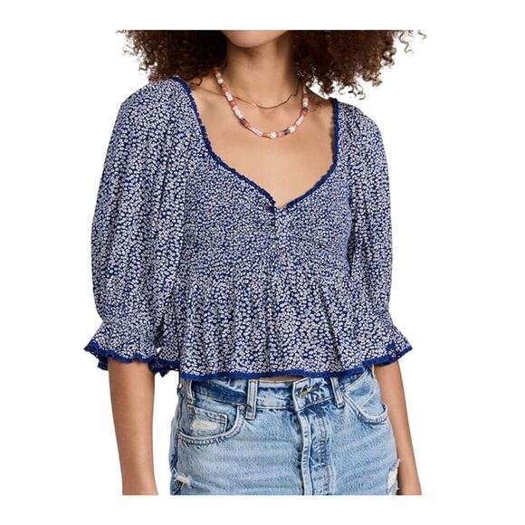Free People Tops - NWT Free People Brittnee Blue White Floral Cropped Flowy Top Sz Small N